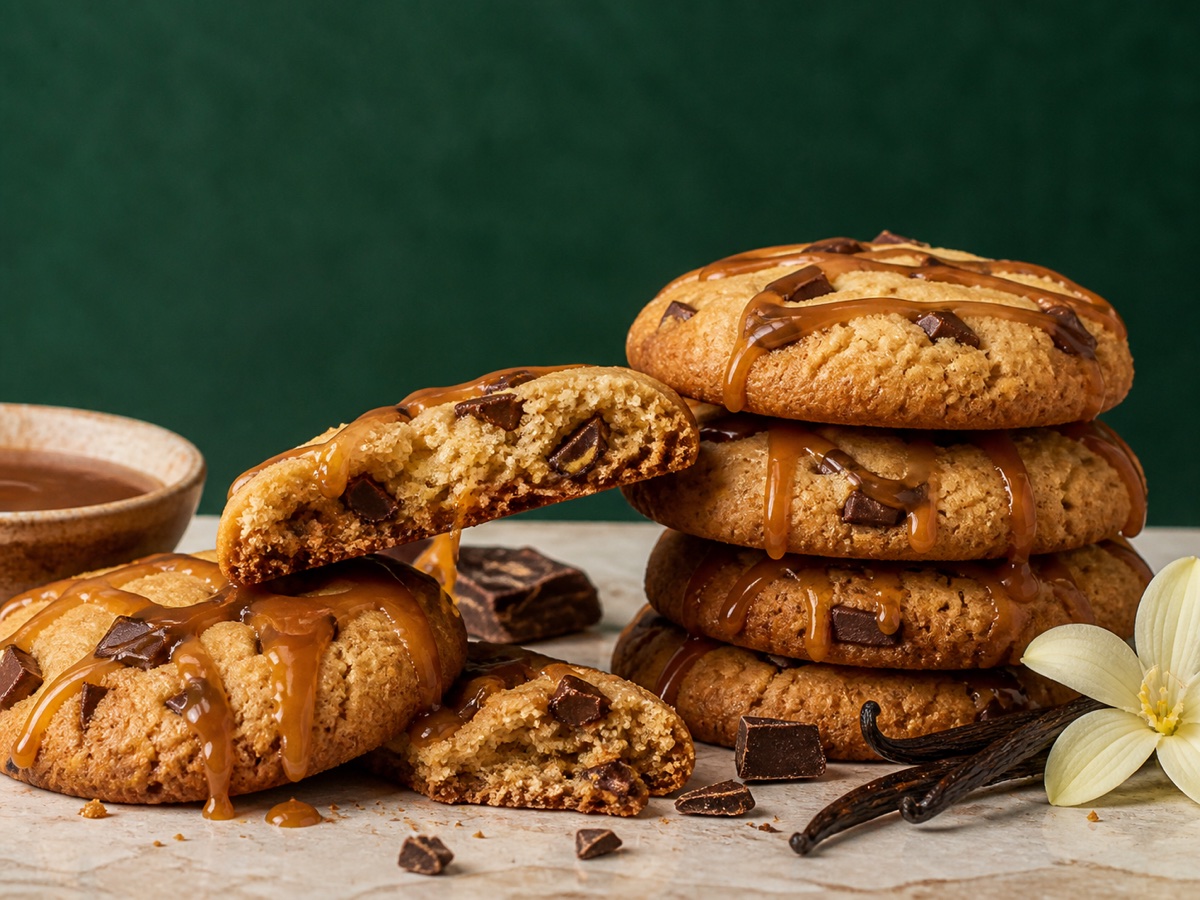 Freshly baked sweet cookies with chocolate, vanilla, and caramel