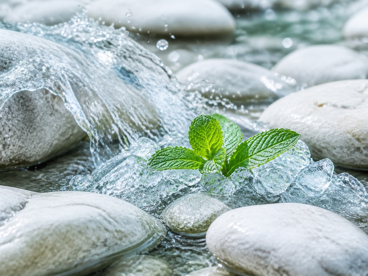 Clear cool spring water, ice crystals, and fresh mint leaves