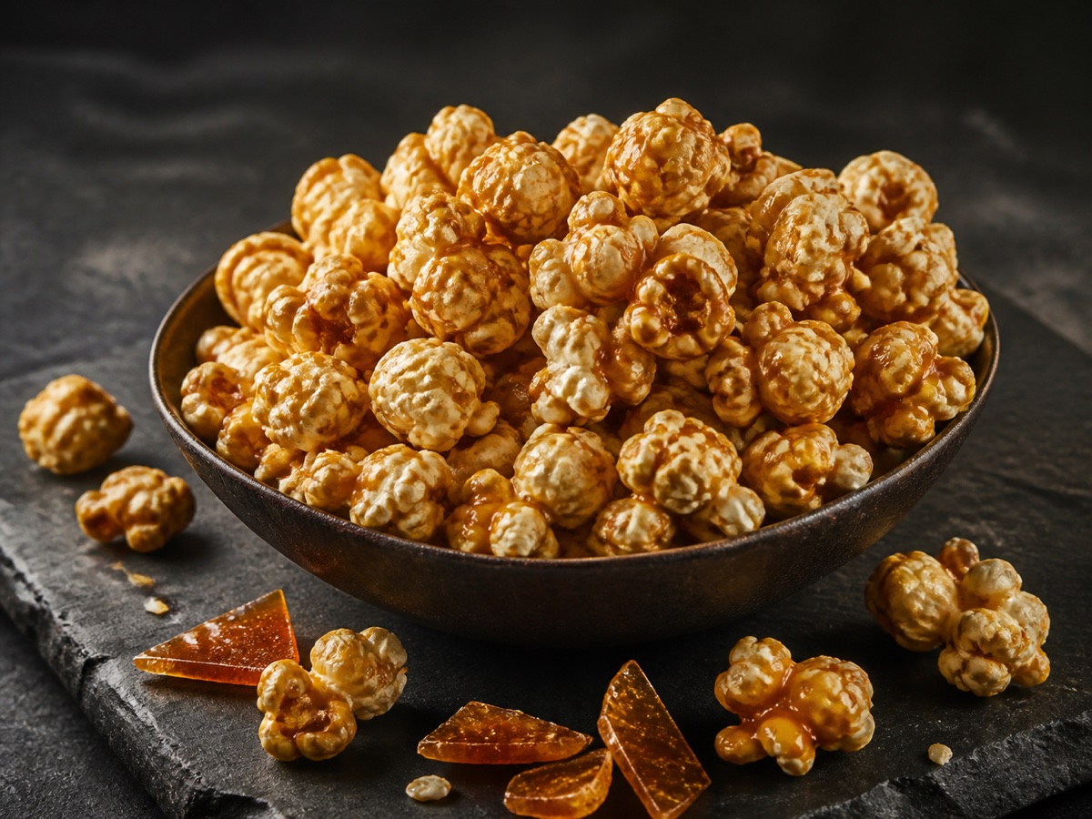 Golden popcorn coated with glossy amber caramel