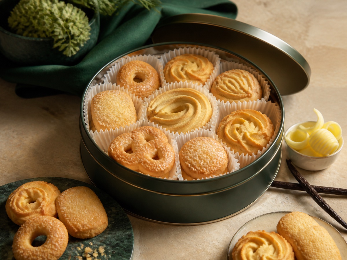 Assorted Danish butter cookies in an open unbranded tin